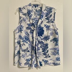 Tahari ASL Blue & White Floral Sleeveless Tie Front Top sz L